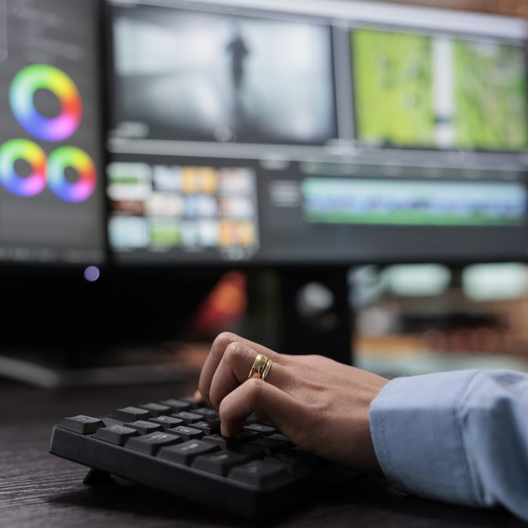 Close up shot of video graphic editor using specialized software to edit movie footage and improve visual quality. Professional videographer sitting at multi monitor workstation enhancing film frames.